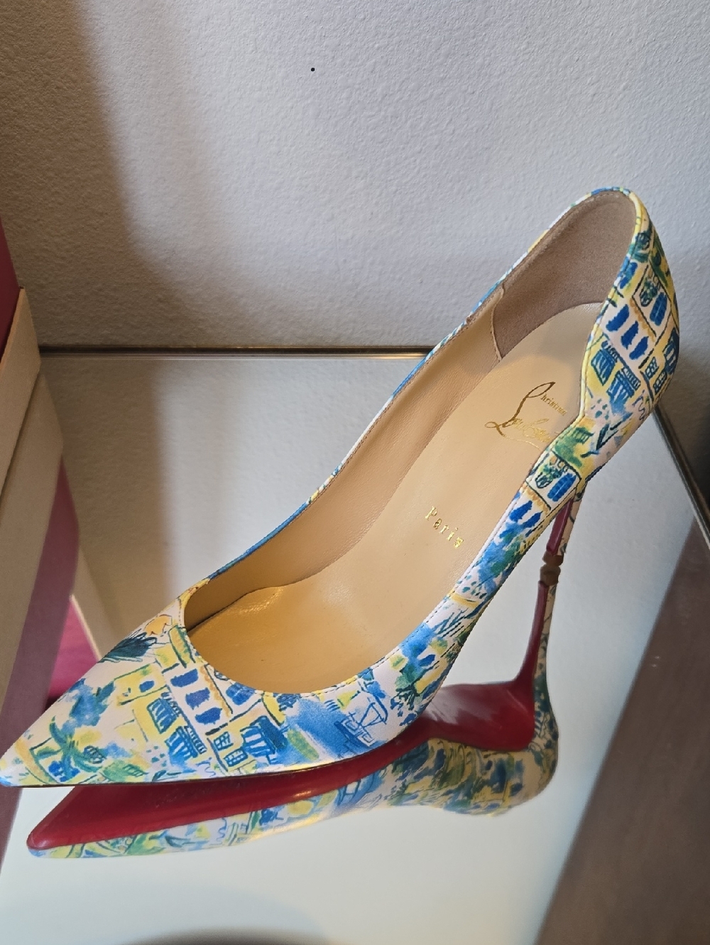 Christian Louboutin Blue, Yellow & Green Patterned Pointed-Toe Pump